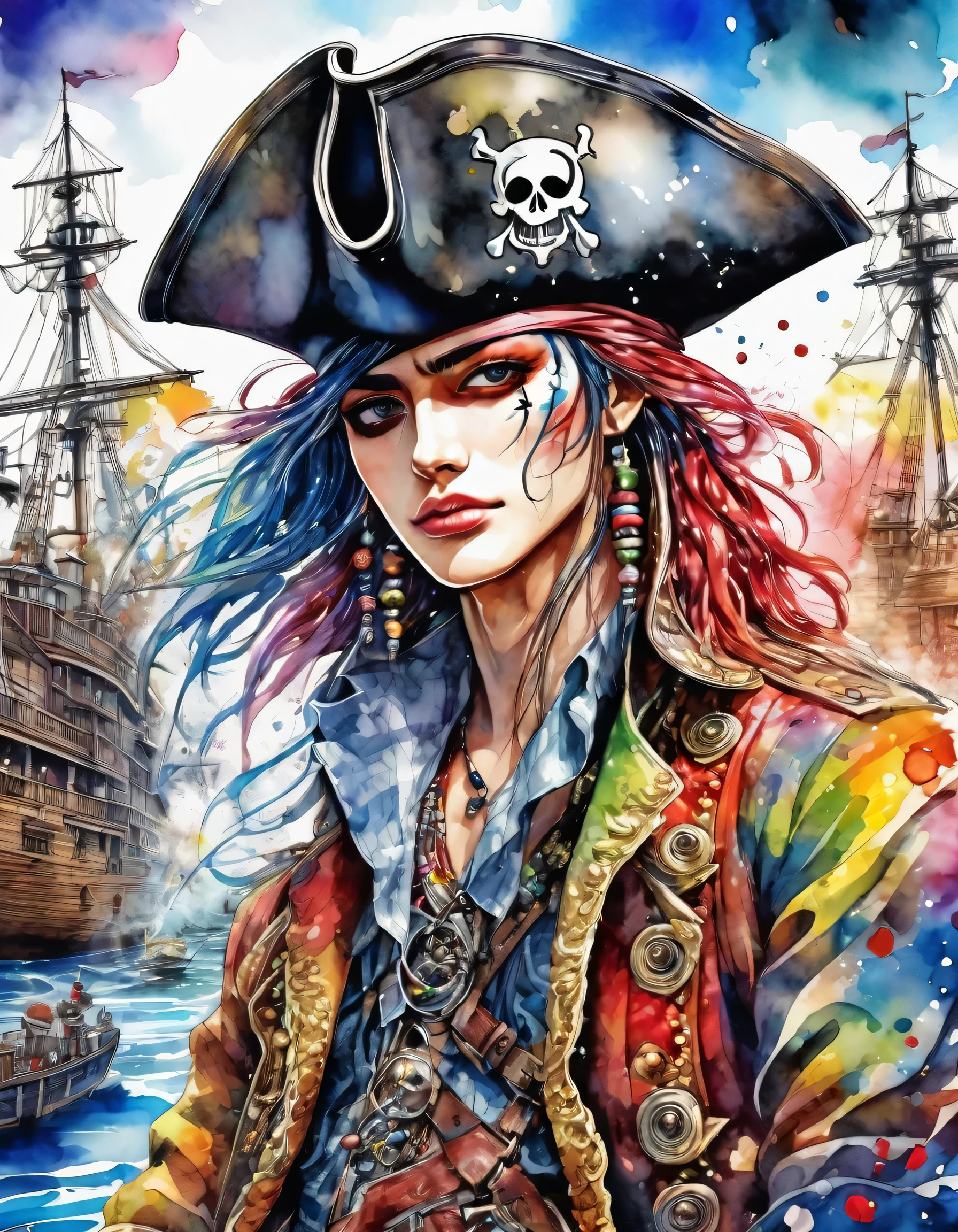 Eiichiro Oda Style、(((stylish fashion))), 8K Quality、Intense watercolor, Detailed watercolor art, Watercolor splash, Surreal, avant-garde pop art, Beautiful and expressive paintings, Beautiful artwork illustration, Very colorful tones, wonderful, Cool beauty, highest quality、Official Art, Vector art, Stylish design, (((The Greatest Pirate in History))), (((highest quality))), HDR, ((detailed)), (((Doodle Art)), ((masterpiece)), ((Super detailed)), (((skull fashion))), (((Stylish))),