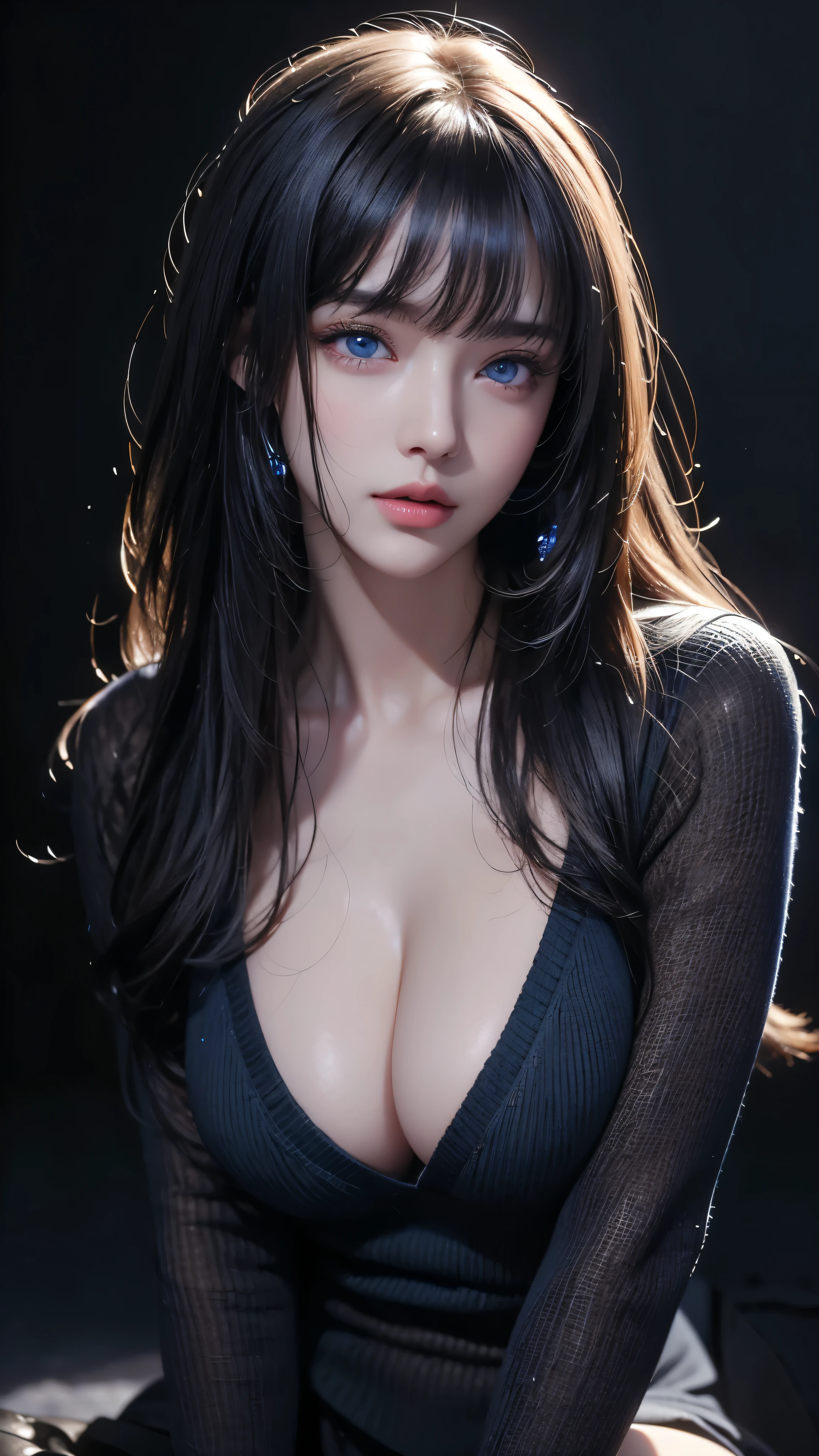 masterpiece, highest quality, Super detailed, Facing the camera, Super detailed, Realistic, Sharp features, Very detailed, Sharp focus, Perfect Face, Perfect Face, Perfect symmetrical perfect eyes, Perfect Plump Lips, Flexible female form, Cinematic, Film Light, Super detailed, hyper Realistic, masterpiece, Atmospheric, High resolution, Vibrant, Dynamic Studio Lighting, ((Dark Background)), The expression when receiving pleasure, Straight bangs, blue eyes,Black sweater, Cowboy Shot,The cleavage is visible