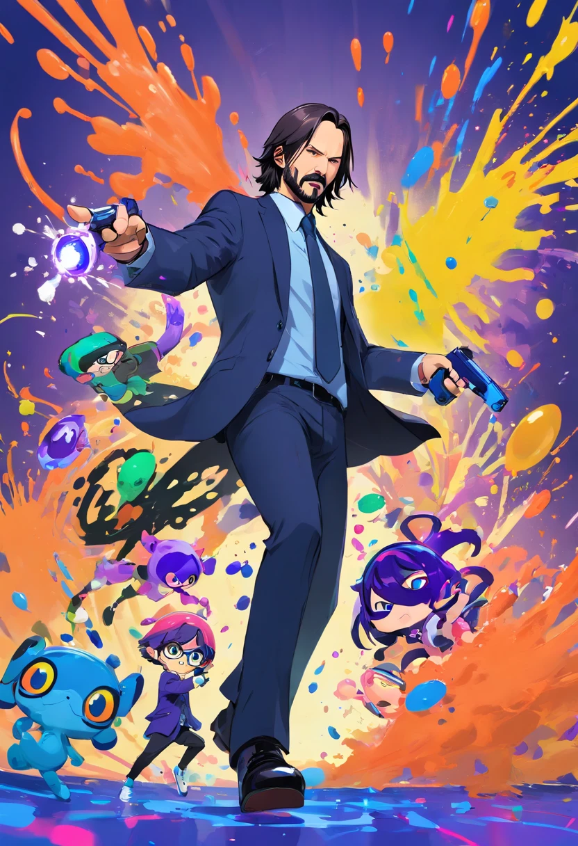 John Wick playing pretend Splatoon with inklings, playing with paint on each other using Splattershot,Dapple-Dualies,Splat-Charger,Splat-Roller,Custome-Blaster,stage:Wahoo World,dynamic pose,dynamic angle,Starring Keanu Reeves