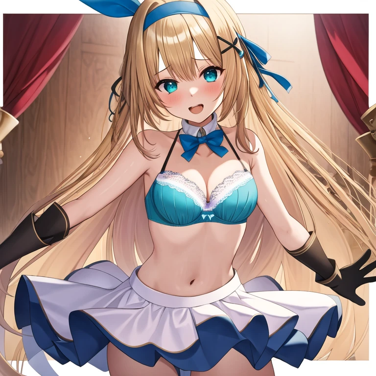 (masterpiece, best quality:1.2), 1girl, solo, blond hair, blue hairband, blue hair ribbon on the left, white-blue bra, black gloves, knight skirt, Solid color background, slightly open mouth, open small mouth