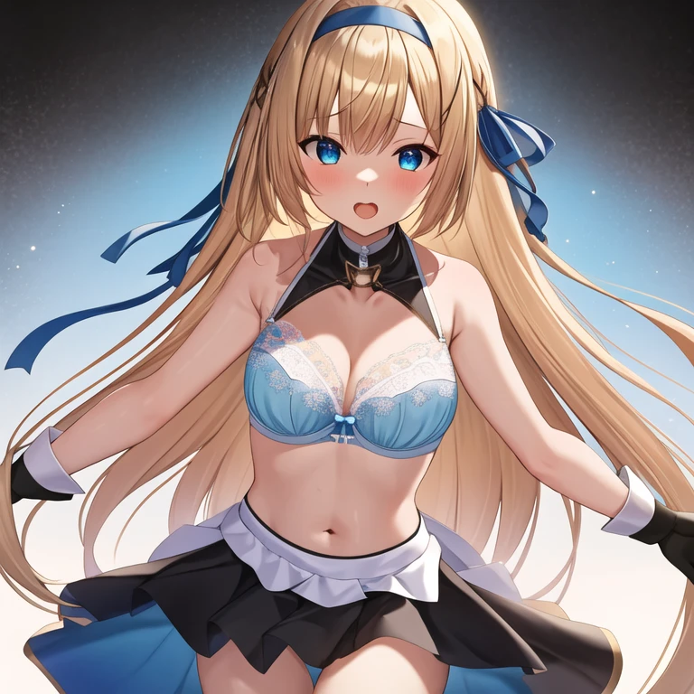(masterpiece, best quality:1.2), 1girl, solo, blond hair, blue hairband, blue hair ribbon on the left, white-blue bra, black gloves, knight skirt, Solid color background, slightly open mouth, open small mouth