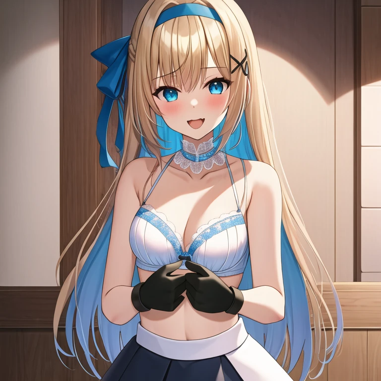 (masterpiece, best quality:1.2), 1girl, solo, blond hair, blue hairband, blue hair ribbon on the left, white-blue bra, black gloves, knight skirt, Solid color background, slightly open mouth, open small mouth
