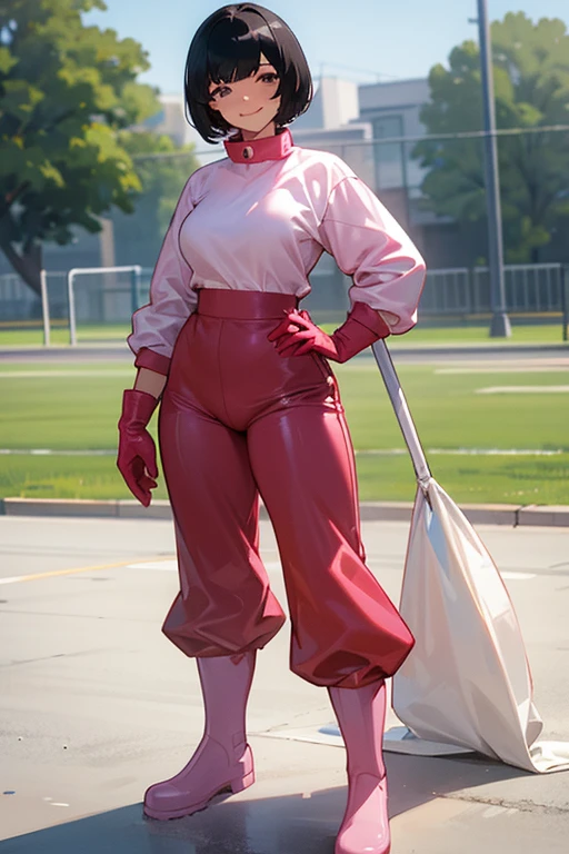 A short-haired, muscular, black-haired mature woman wearing white rubber boots and oversized pink rubber gloves and a red long-sleeved, long-pants gym uniform is cleaning up the schoolyard while smiling gently