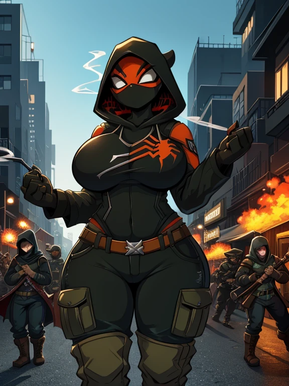 Spidersona, Spider-Man, a woman venom with a huge ass, huge hips and breasts, a cultist wears orange and black cargo pants and boots with fire patterns, a hooded with a mask on her face.  wearing a jacket with a smoke pattern on it, in black pants, hands in bandages, (((MMA fighter)), burn on left eye,+with an army of cultist soldiers + rides a tank in a sity,+fog+anime,BlackSM,warhammer 40k imperial guardsman