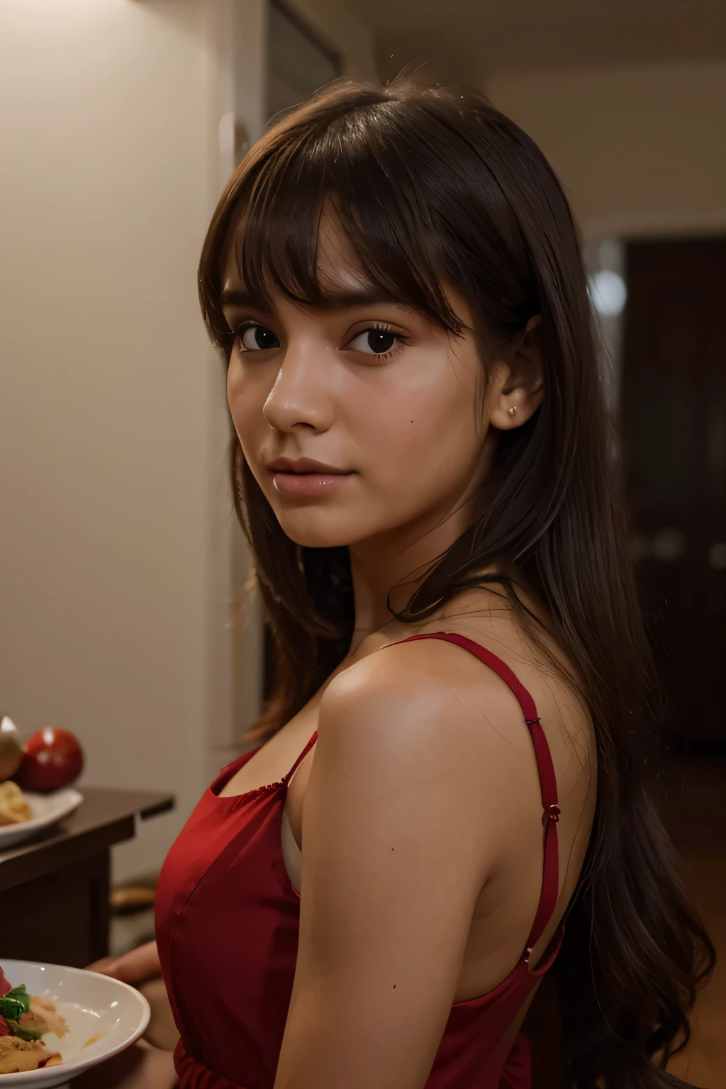portrait, realism, 4k quality,young girl, 20 years old, colombian girl, hair woth bangs,dark hair, dinner,red dress