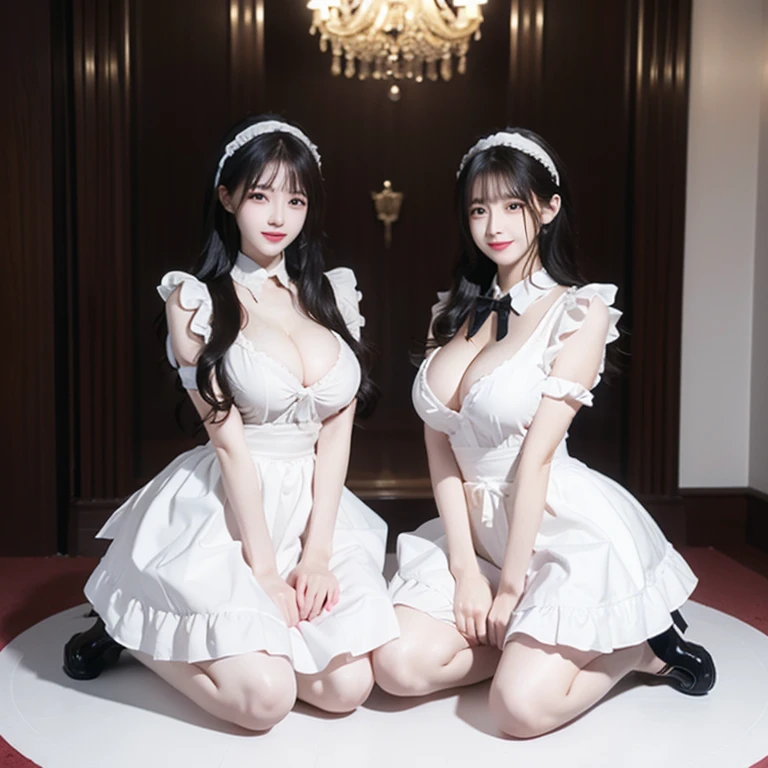 VIP room,Maid kneels down,The two girls smiled happily, Less clothes,Expose maid attire,Chest cream,covered with cream,There was a large plate between them...,cake on plate,Loafers,Lots of maids,Huge breasts,Thin waist,loyal maid,Obey everything,Very obedient,付出型性格和Likeable的个性,Obedient personality、Likeable,Absolute obedience,Absolute obedience,Willing to give everything,Waiting for command