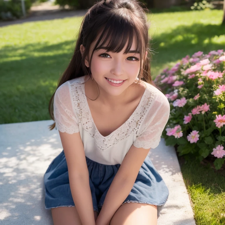(Ultra high-res, masterpiece:1.5), (sweet, innocent, youthful:1.4), (realistic, photorealistic:1.35), 1 girl, solo, pastel-colored attire, detailed park setting, spring, walking, sunny day, (blush on cheeks:1.2), (wide eyes:1.1), (open mouth:1.1), small build, light hair with bangs, long ponytail, pureerosface_v1, detailed shoes, beautiful detailed face, sweet smile, best quality, 8K.