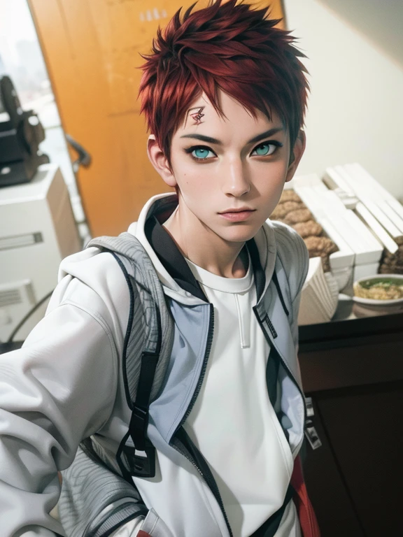 masterpiece, ultra-detailed, 1boy, male focus, upper body shot, Gaara wearing Streetwear Hoodie, red hair, look at viewer, happy face, Hands in pockets, vibrant colors, cityscape background, dinamic lighting, highly detailed face, stylish, urban style, cool attitude, bokeh, blurry background,