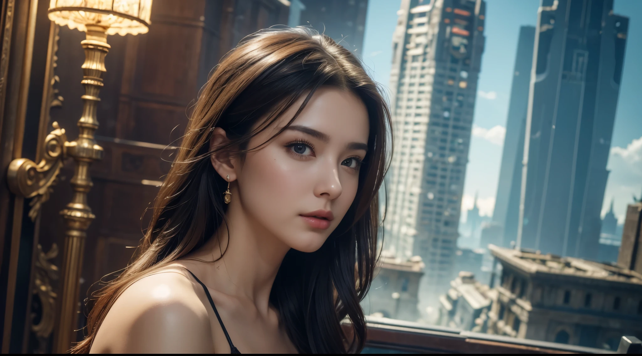 masterpiece，Top quality，best quality，official art，Beauty and aesthetics：1.2），（masterpiece：1.3）， （8K， realistically， RAW photos， Best quality： 1.4）， Beautiful face， （Realistic face），Ultra-high resolution， Super real photos， Very detailed， Golden Ratio， （Energetic：1.3），（saturation：1.3），Unreal Engine， (High Detail: 1.9)，（woman：1.4），（Large Breasts），Miss，Dragon Horn，Batwing，Destroyed city in the background，Medium Portrait，dramatic，（middle Ages：1.8）