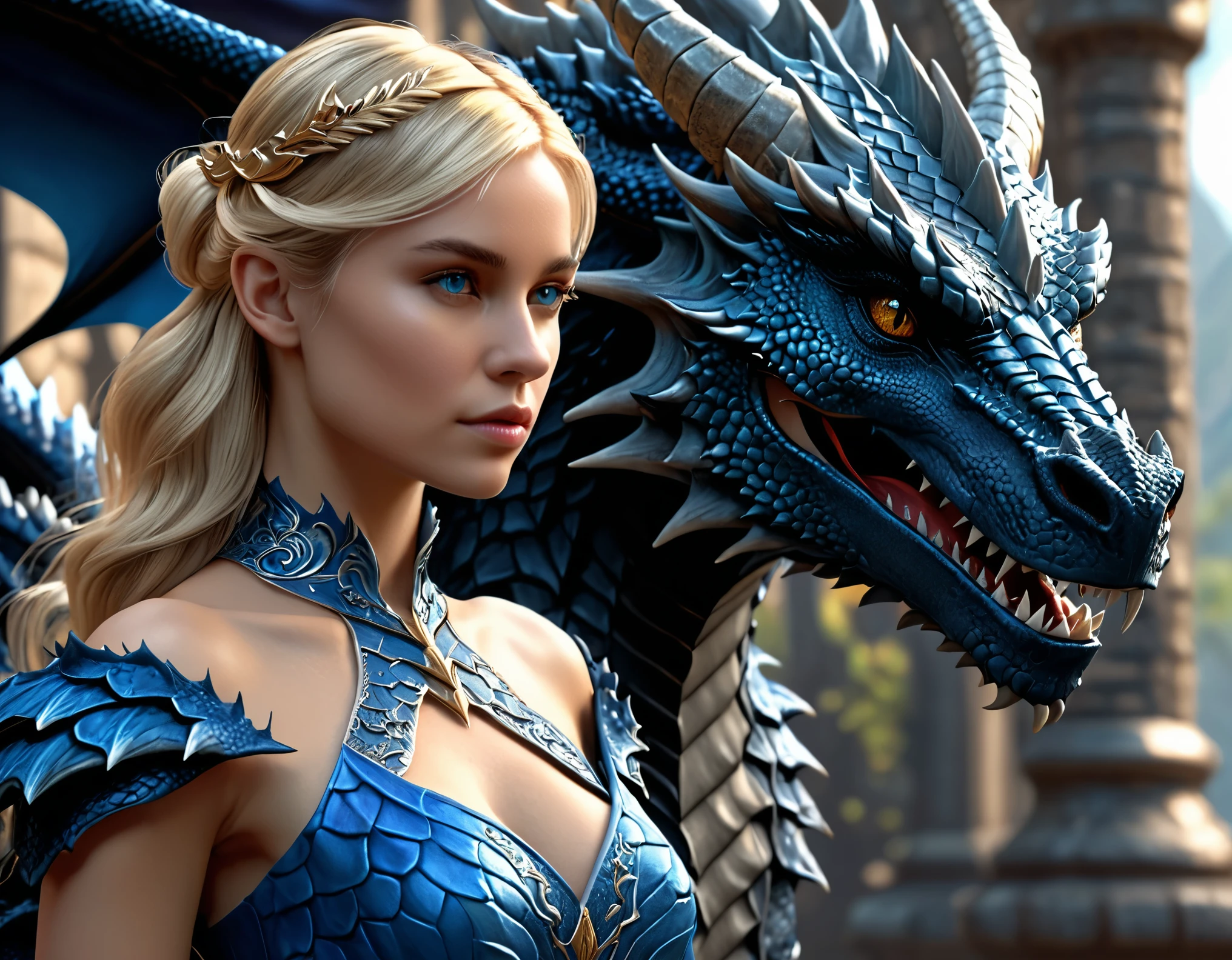 woman in a blue dress standing next to a black dragon, 4 k detail fantasy,blonde hair, intricate realistic fantasy, sharp focus, realistic fantasy render, fantasy style 8 k octane render, hyperrealistic fantasy art, 4k fantasy art, queen of dragons, detailed fantasy art, unreal engine fantasy art, elegant cinematic fantasy art, realistic fantasy artwork, realistic fantasy illustration