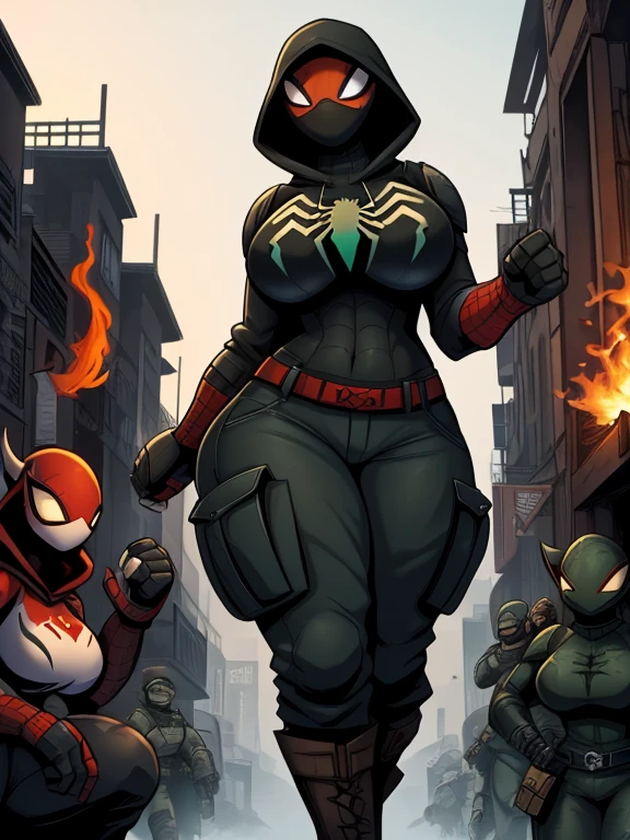 Spidersona, Spider-Man, a woman venom with a huge ass, huge hips and breasts, a cultist wears orange and black cargo pants and boots with fire patterns, a hooded with a mask on her face.  wearing a jacket with a smoke pattern on it, in black pants, hands in bandages, (((MMA fighter)), burn on left eye,+with an army of cultist soldiers + rides a tank in a sity,+fog+anime,BlackSM,warhammer 40k imperial guardsman