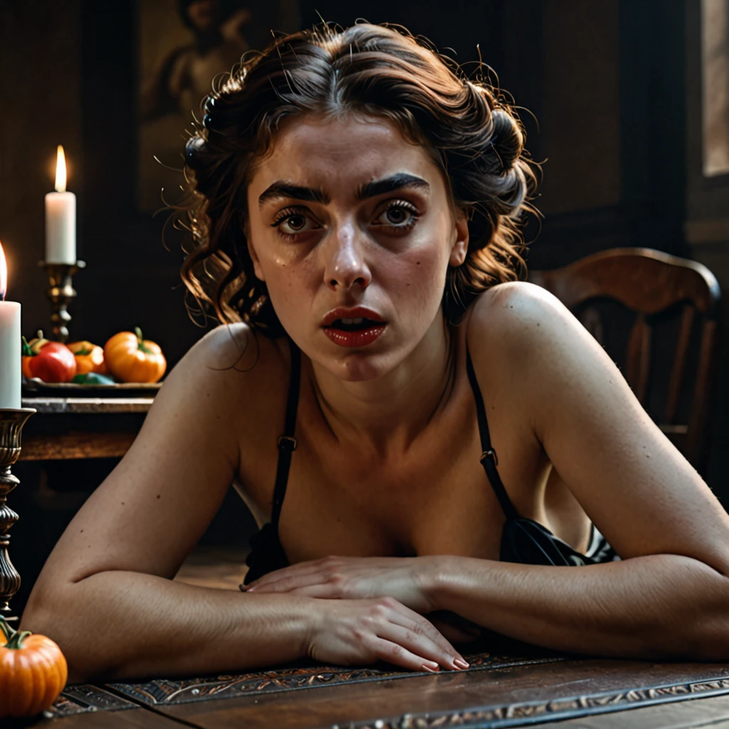 A scared topless girl, lying on the table, looks very enjoyable, Caravaggio style, looks depressing, high quality, ultra-detailed, crazy details, 4K