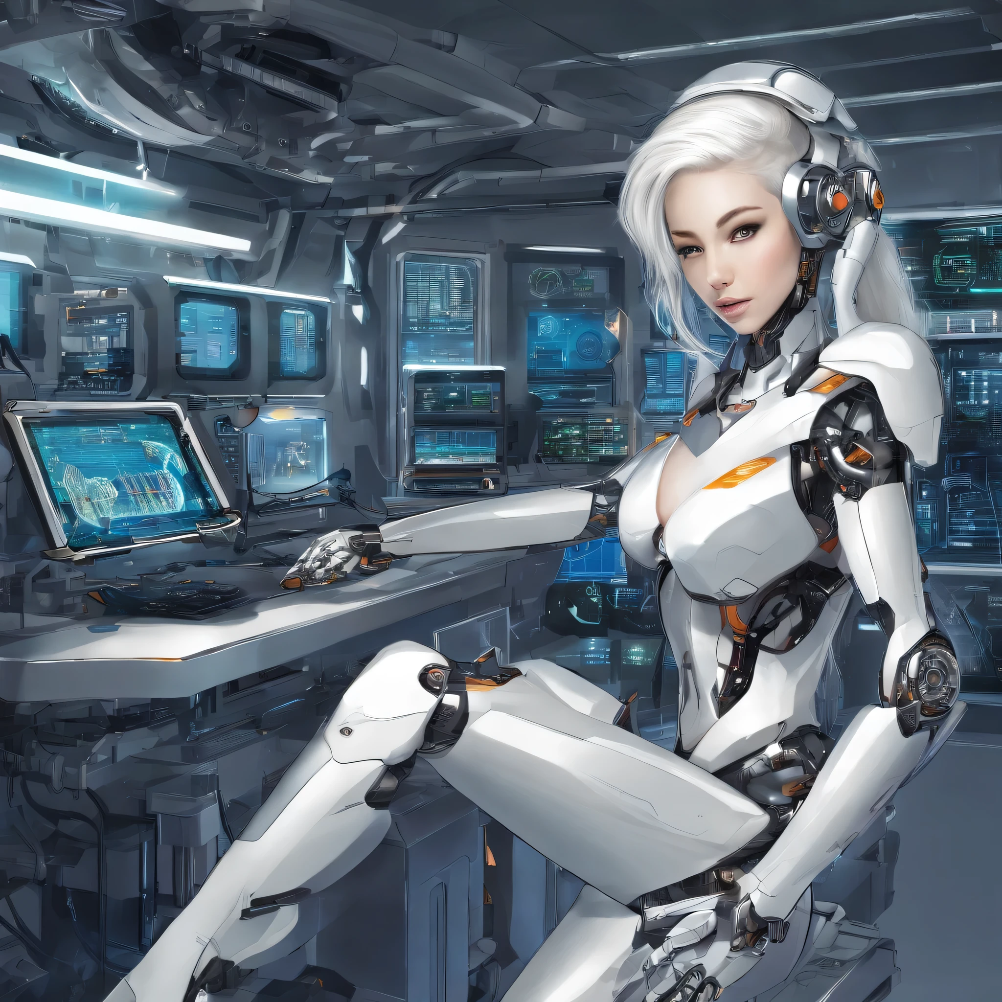 photorealistic, high resolution, 1women posing in a mechanical laboratory, mature female, solo, long silver-white hair, hips up, robot, mecha musume, mechanical parts, robot joints, single mechanical arm, headgear, mechanical headgear, star headgear, intricate mechanical bodysuit, mecha corset, full armor, white mecha body