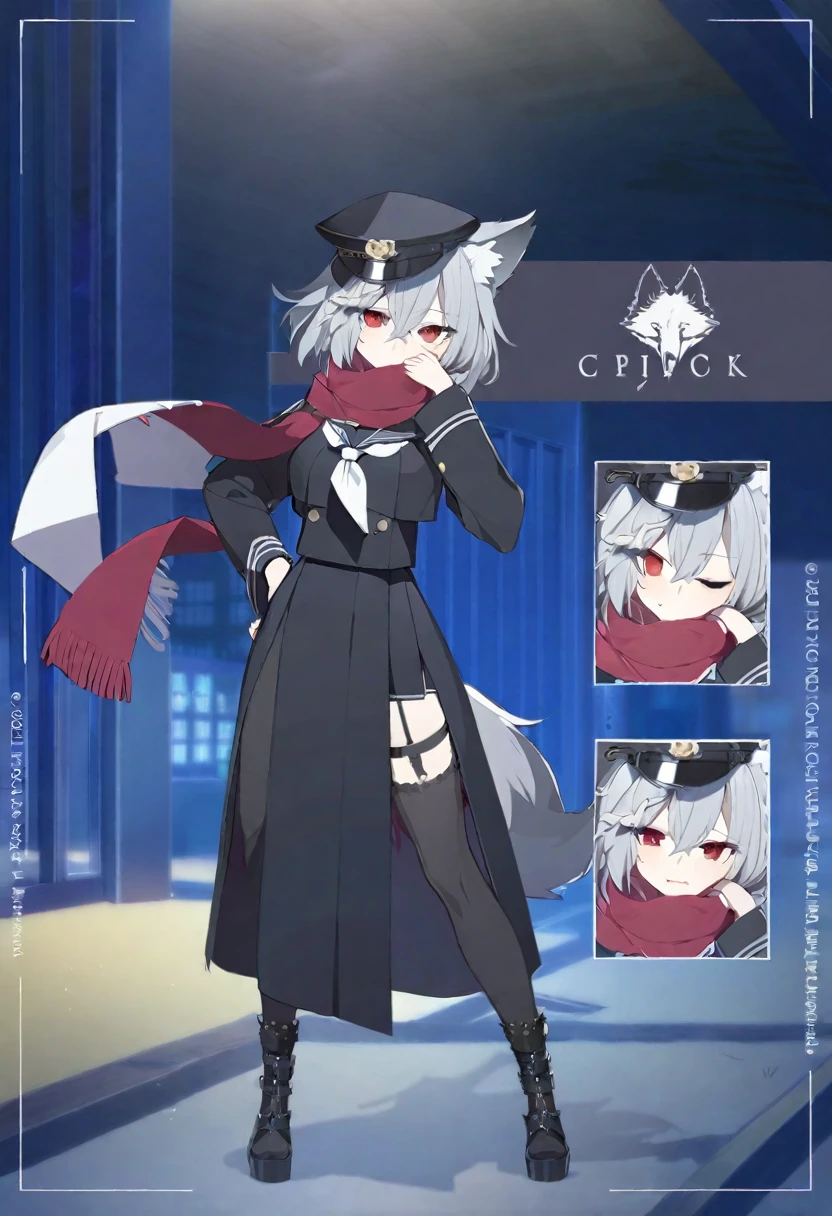 One Girl,whole body,Are standing,high school student,Concept Art,Grey Hair,blackセーラー服の上にロングコート,Wearing a coat,Black muffler,Hiding your mouth with a scarf,Red eyes,Wolf Ears,Wolf Tail,cool,dark,Beauty,Stylish black sailor suit,Rin々Funny face,18-year-old,Stylish,Height: 170cm,Bangs that extend between the eyes,Shortcuts,Long sleeves,first round,Leg Garter Ring,Belted stockings,Toned body,Medium chest,Carnal breasts,coolな目付き,Japanese style,Lateral bangs,half cut,black,Slanted Eyes,cool,peaked cap,One ear is covered by a hat,He carries a Japanese sword on his waist.,Western-style long coat,Bone ornament,Wolf Cut,Wolf Hair,Half length hair,Hairstyle like a wolf,Short hair with long sides,