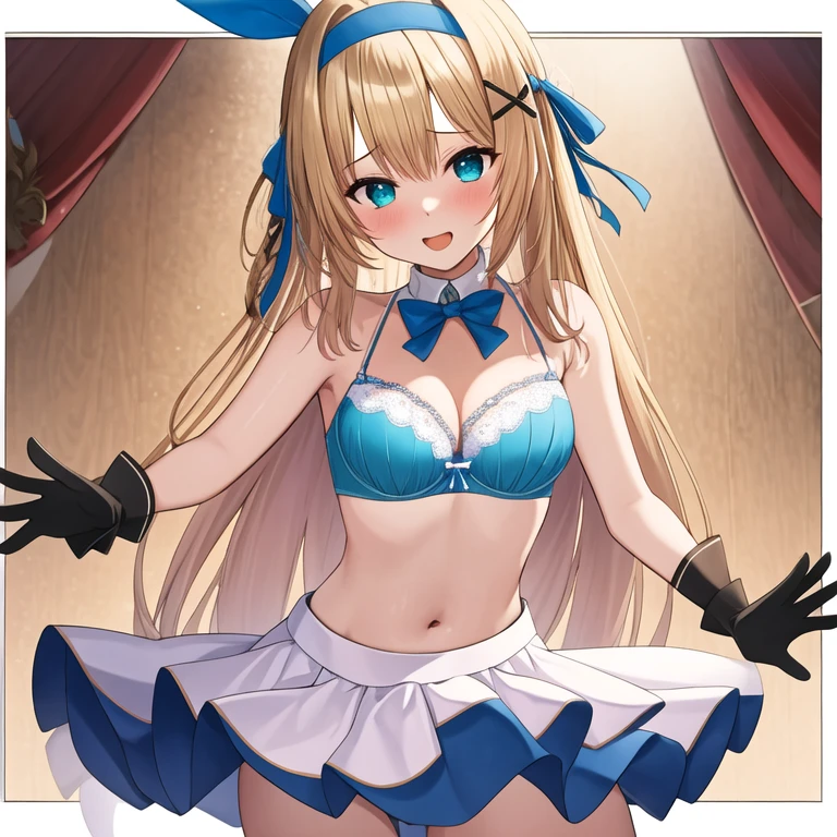 (masterpiece, best quality:1.2), 1girl, solo, blond hair, blue hairband, blue hair ribbon on the left, white-blue bra, black gloves, knight skirt, Solid color background, open small mouth