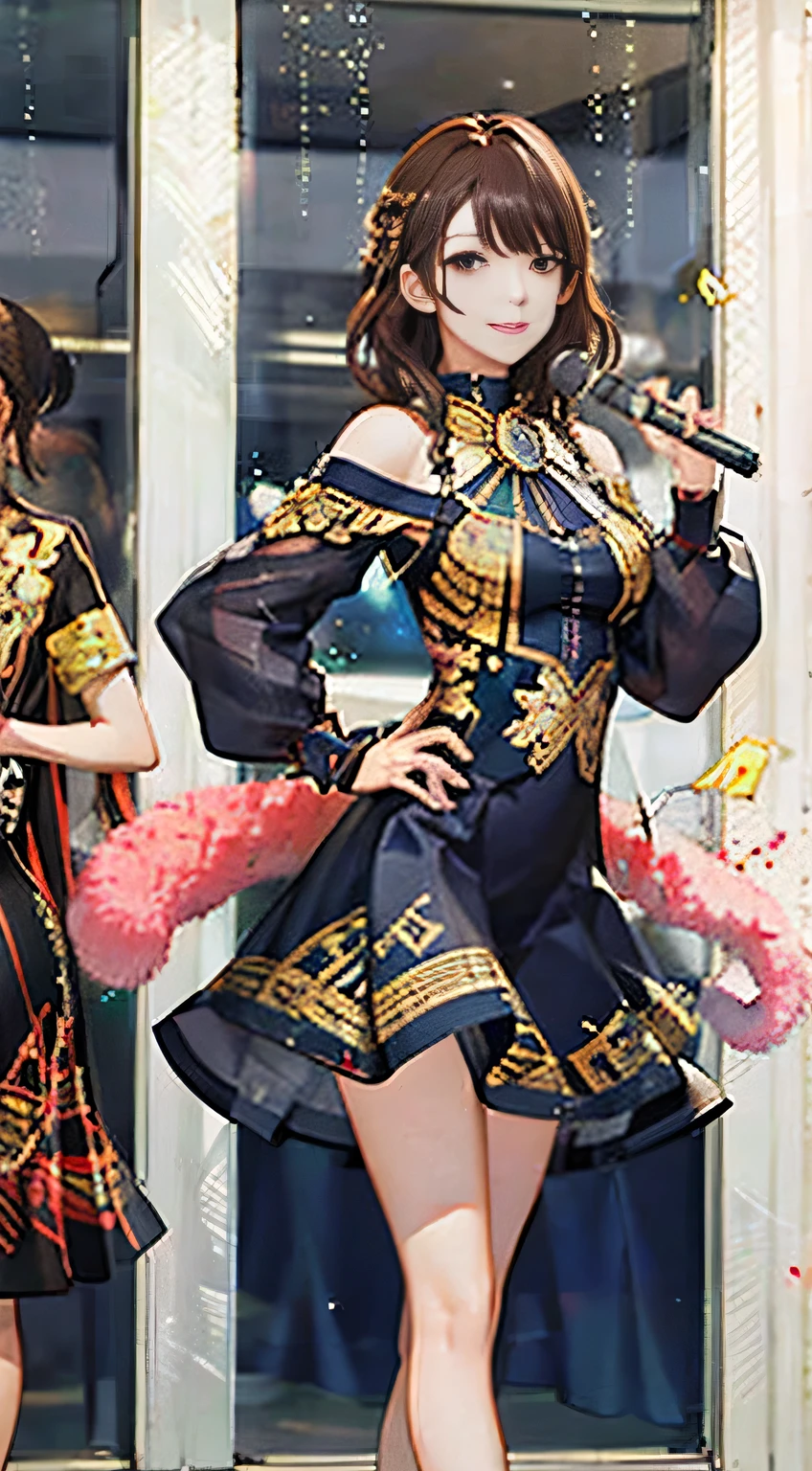 highest quality, masterpiece, One woman、 whole body, Very delicate and beautiful woman, 8K Wallpaper, Beautiful fine details, Beautiful sparkle, Cinematic lighting、27 years old、Idol、sexy、Colorful costumes、Red Line、Tall beauty、Sadistic