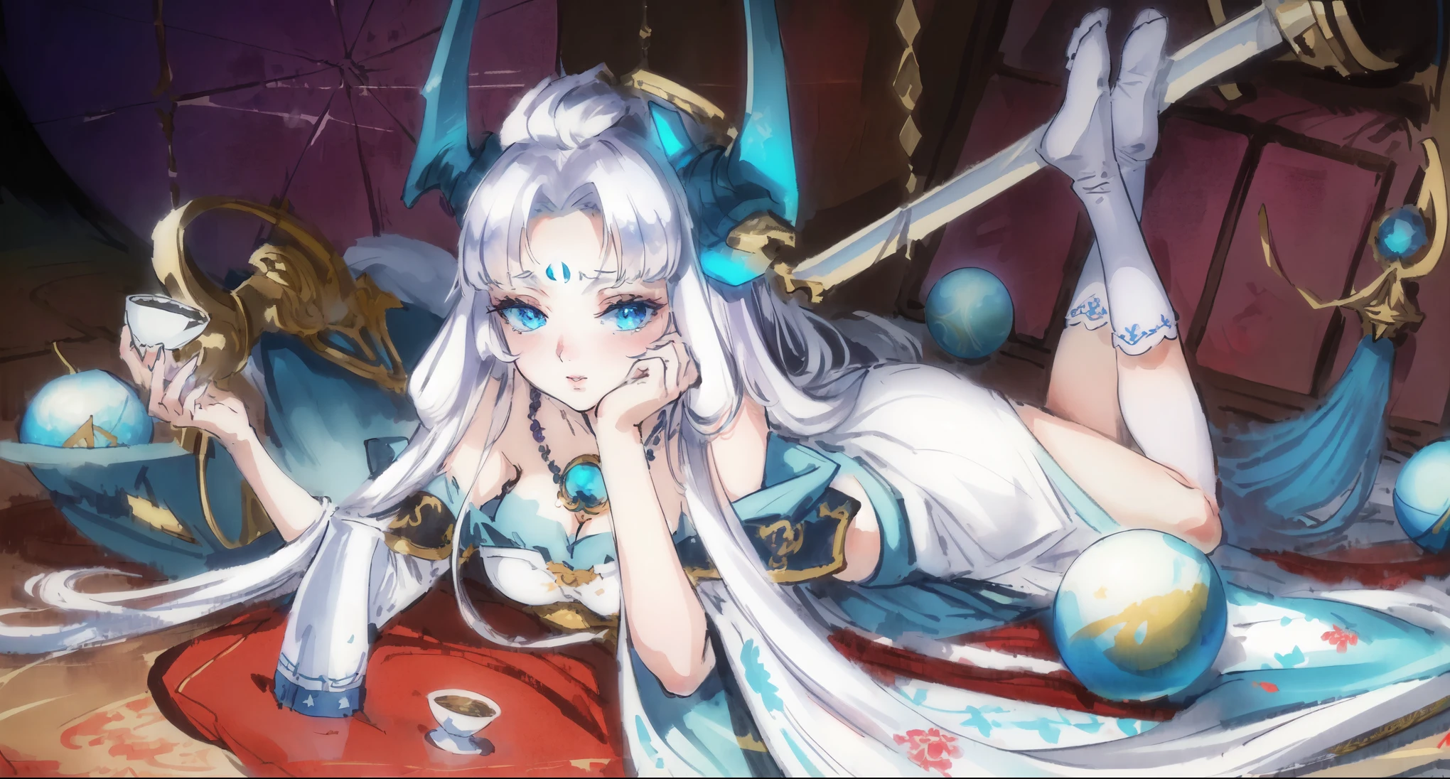(best quality,4k,8k,highres,masterpiece:1.2),ultra-detailed,(realistic,photorealistic,photo-realistic:1.37),anime,portrait,hair: white,big eyes,beautiful detailed eyes, beautiful detailed lips, long eyelashes,white robe,floor,holding a cup,beautiful fantasy queen,goddess of anime,lies on the floor,many planets around her,horns on the head,enormous breasts,white knee-high socks,exhausted deity,anime fantasy illustration,galactic goddess