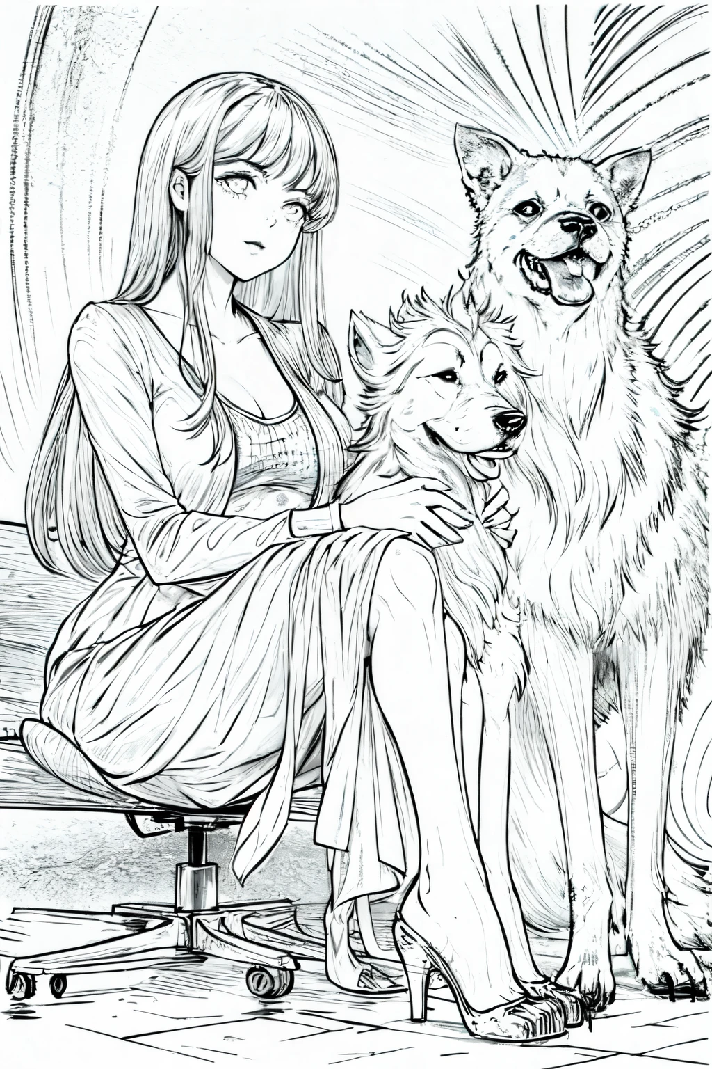 Pencil drawing of a young lady posing with her dog