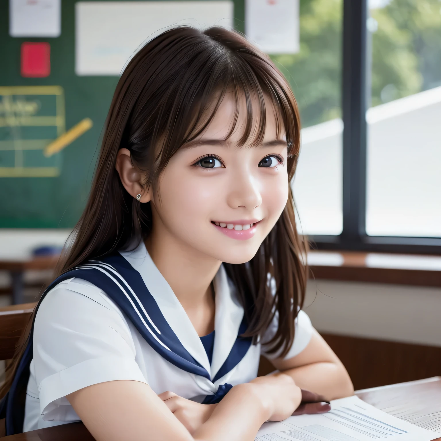 ((masterpiece, highest quality, High resolution)), smile, 1 girl, (Realistic: 1.4), 14 years old, Beautiful Hair, (Shortcuts:1.5), Sailor suit, School classroom, Sit on a desk, Look away, Smooth, Highly detailed CG composite 8k wallpaper, Professional photography, Backlight, Top view