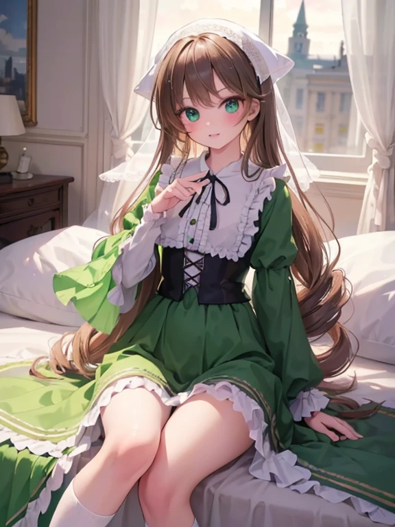 masterpiece, highest quality, Very detailed, 16k, Ultra-high resolution, Cowboy Shot, One 10-year-old girl, Detailed face, Perfect Fingers, suiseiseki,  bonnet, head scarf, heterochromia, green dress, neck ribbon, twin drills, white socks, Western-style building, classical European style bedroom, sit