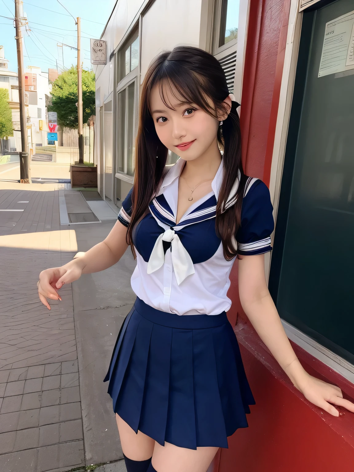 highest quality、Blonde、figure、 Blonde、Cleavage、Ultra-detailed、High resolution、8k wallpaper、Perfect dynamic composition,、Beautiful fine details、Natural color lip、Bold sexy pose、smile、14-year-old girl、cute、Sexy shot looking at the camera、(highest quality: 1.3), (masterpiece: 1.3), (Super Detail: 1.3), (One Girl: 1.1), (Detailed hands and fingers:1.2)、(Ultra-oily, lustrous skin with attention to detail:1.1)、Oily shiny knee socks、(The perfect school girl uniform:1.3)、Short-sleeved shirt with front opening、sexy、(Beautiful shapely small breasts:1.3)、(Navy blue mini skirt:1.2)、I can see your thighs、Brown Hair、Twin tails、Beautiful sister、Red Wall,sexy、I can see your thighs、