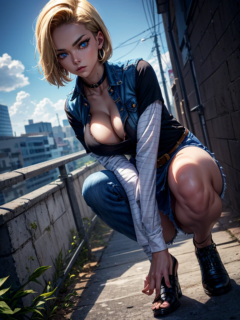 android 18, android 18, blonde hair, blue eyes, eyelash, hoop earrings, short hair, earrings, break belt, black legwear, black shirt, breast pocket, cleavage, clavicle, denim, denim skirt, high-waist skirt, jewelry, long sleeve, pocket, shirt, shirt tucked in, skirt, striped, striped sleeves, waistcoat,, break outdoors, city, null, cloud, sun, break looking at viewer, (cowboy shot:1.5), break (masterpiece:1.2), highest quality, High resolution, unity 8k wallpaper, (figure:0.8), (beautiful and fine eyes:1.6), highly detailed face, perfect lighting, Very detailed CG, (perfect hands, perfect anatomy), camel toe,Squatting, legs spread,