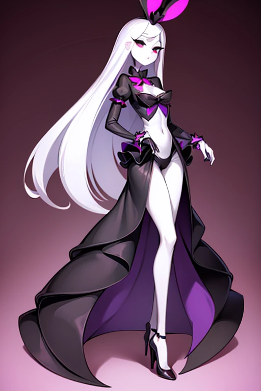 Fullbody pose complete, tall Girl, simple style she is perfil, antique 50's elegant purple clothes, hazbin hotel style, helluva boss style, white skin, all black eyes, thin body, cartoon hazbin hotel