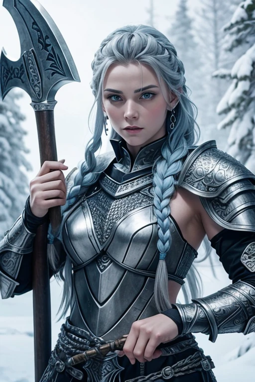 Icelandic, ((((very beautiful)))), heavily muscled female frost giant with braided silver hair, ((holding a great axe)),((((pale grey blue skin)))), ((wearing steel plate mail armour)), she has a nose ring, earrings, tattoos , ((realistic eyes)),beautifully detailed eyes