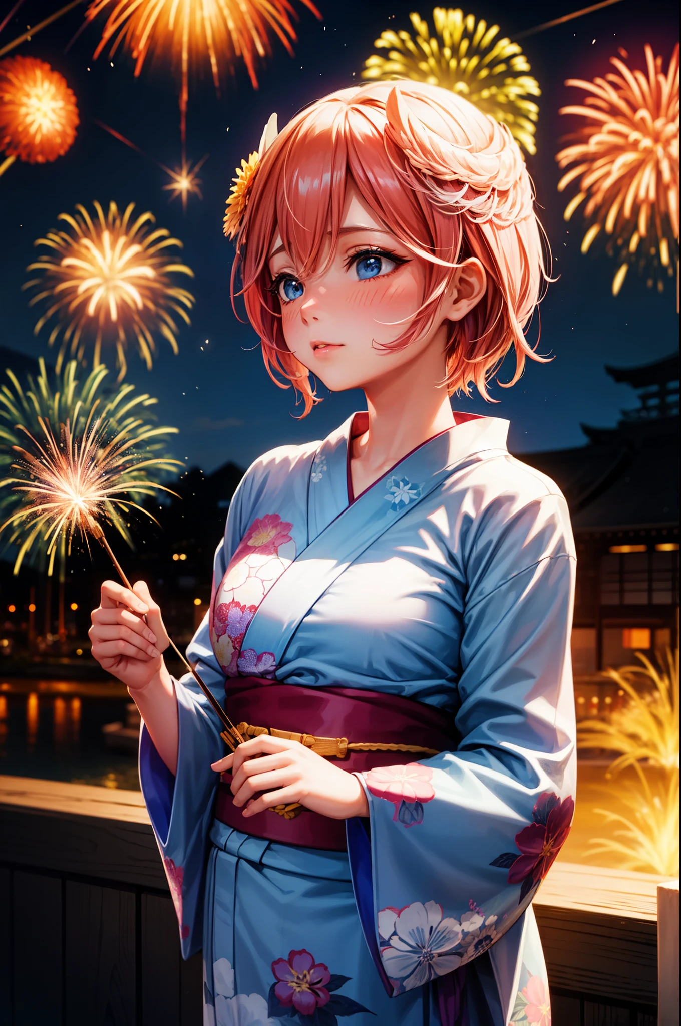 One girl, alone, summer, firework, firework festival, Kyoto, Delicate face, look up, blush, Yukata with blue floral pattern, ability, Place your hand on your chest