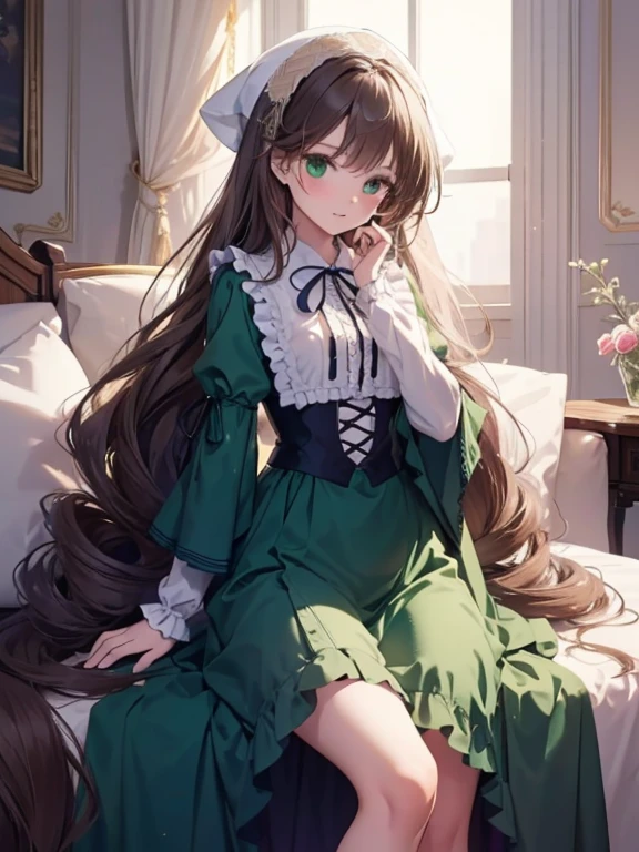 masterpiece, highest quality, Very detailed, 16k, Ultra-high resolution, Cowboy Shot, One -yeld gi Detailed face, Perfect Fingers, suiseiseki,  bonnet, head scarf, heterochromia, green dress, neck ribbon, twin drills, white socks, Western-style building, classical European style bedroom, sit