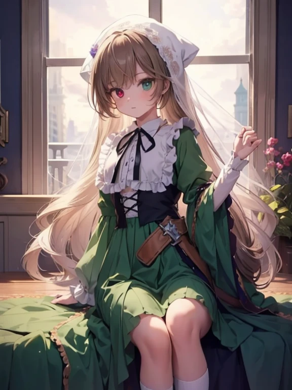 masterpiece, highest quality, Very detailed, 16k, Ultra-high resolution, Cowboy Shot, One 10-year-old girl, Detailed face, Perfect Fingers, suiseiseki,  bonnet, head scarf, heterochromia, green dress, neck ribbon, twin drills, white socks, Western-style building, classical European style bedroom, sit