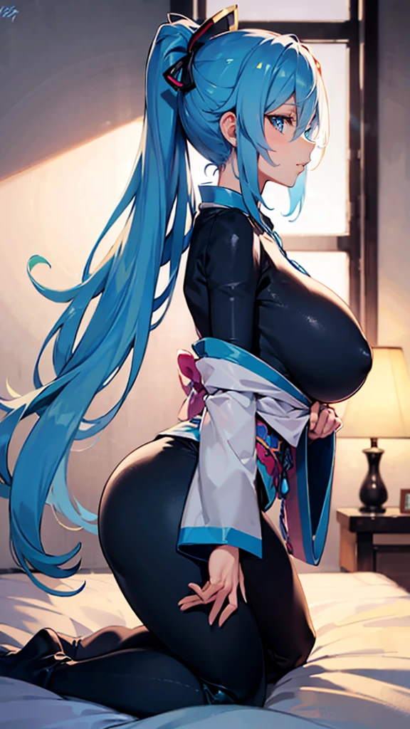 hatunemiku VOCALOID, ponytail, light blue eyes, light blue hair, big breasts, kimono, bedroom,