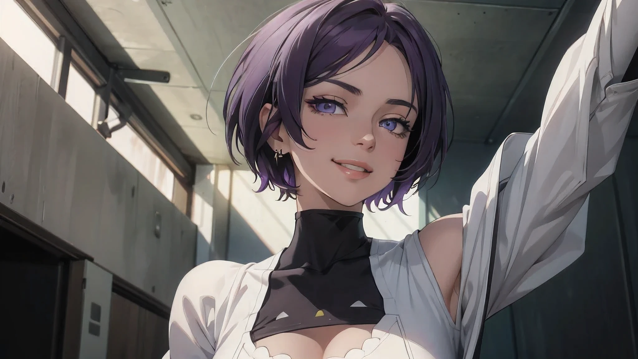 extremely detailed CG unity 8k wallpaper), (masterpiece), (best quality), (ultra-detailed), (best illustration), (best shadow), (absurdres) ,(detailed eyes), 2b, 1girl, short hair, purple hair, solo, Intimidating women, casual clothes, night, pose, white clothes, elegant outfit , home clothes, Sunlight, exposed to sunlight, fighting pose, wearing cape, smiling