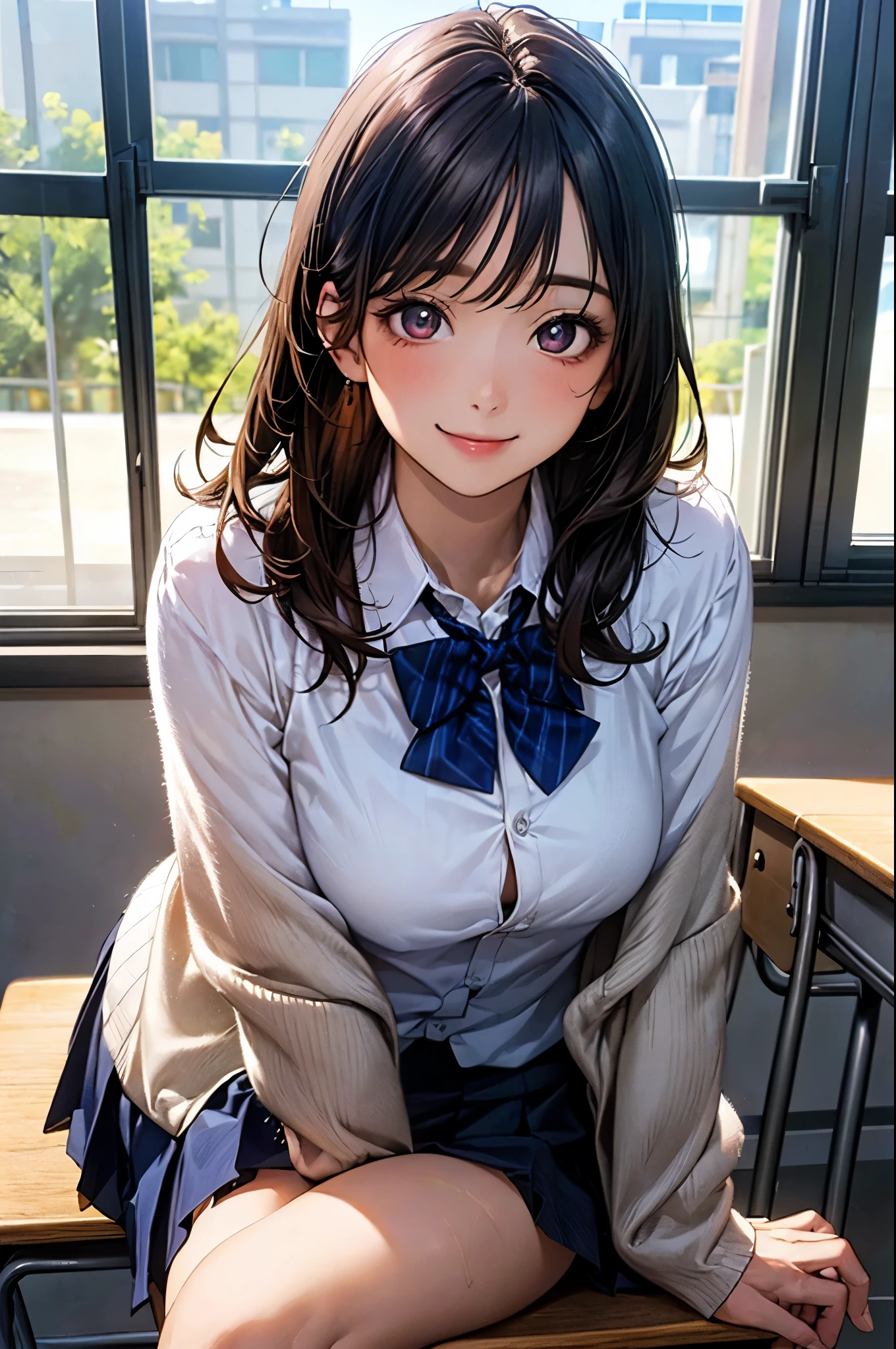 (masterpiece:1.2, top-quality), (realistic, photorealistic:1.4), beautiful illustration, (natural side lighting, movie lighting), 
looking at viewer, dynamic angle, 1 girl, japanese, office worker, reception, perfect face, cute and symmetrical face, suntan, shiny skin, 
(medium hair, (bister hair), sidelocks, black hair), swept bangs, chocolate eyes, long eye lasher, (large breasts), slender, 
beautiful hair, beautiful face, beautiful detailed eyes, beautiful clavicle, beautiful body, beautiful chest, beautiful thigh, beautiful legs, beautiful fingers, 
(white collared shirt, blue pleated skirt, cardigan, red bowtie), dynamic angle, from side, 
(beautiful scenery), summer, (sitting on chair, povsideclass, indoors, chair, desk, classroom, school desk, window), , (smile, fearless smile, happy, fun, joyful),