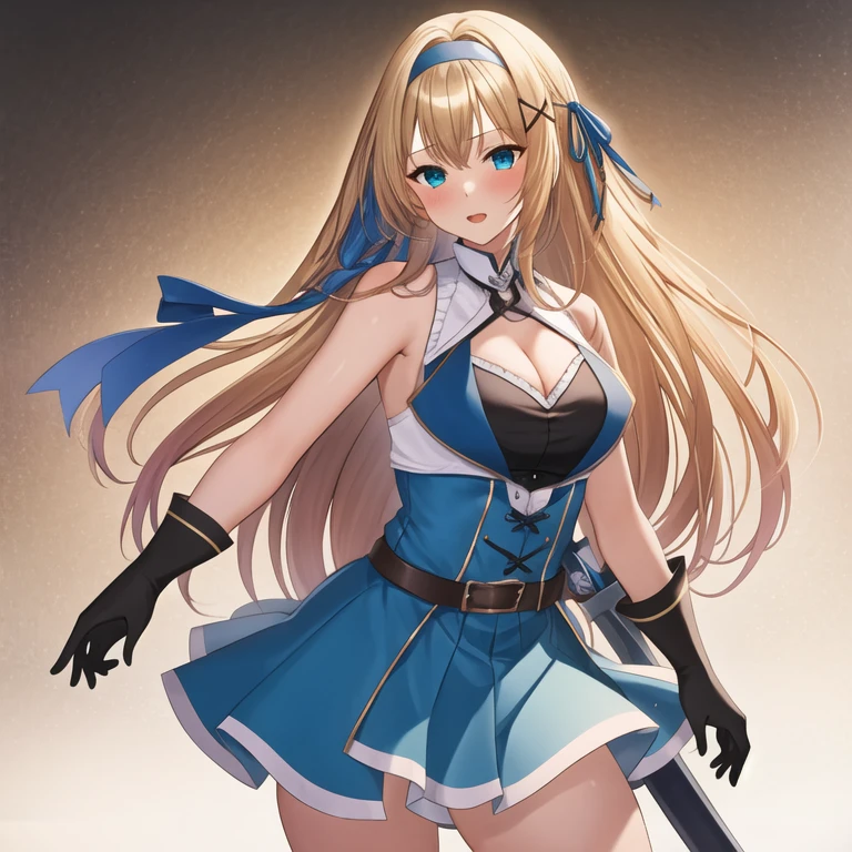 (masterpiece, best quality:1.2), 1girl, solo, (blond hair), blue hairband, blue hair ribbon on the left, black gloves, knight skirt, gray background