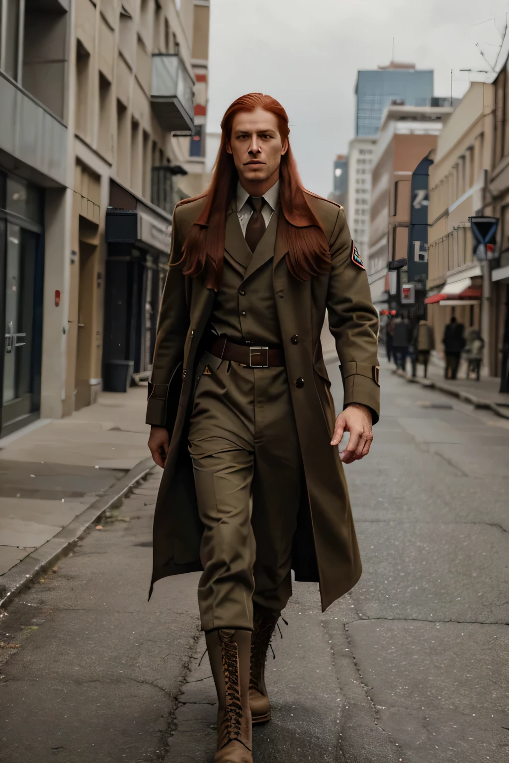 hair tied, strong, tall man. long straight hair general. soldier uniform, red hair, , . wearing soldier boots wearing an overcoat