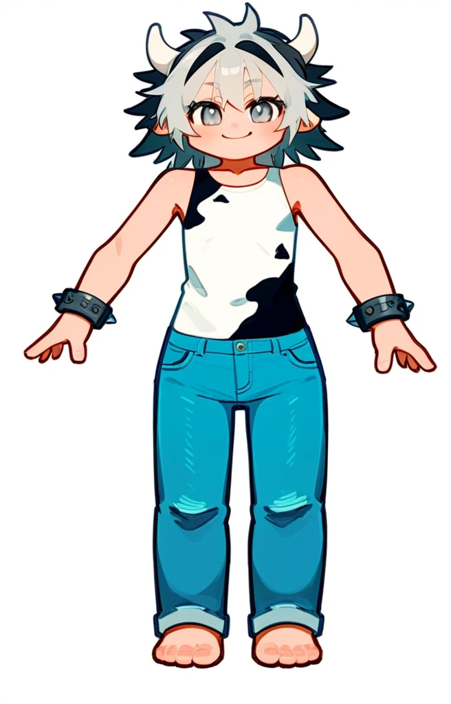 score_9, score_8_up, source_anime, masterpiece, best quality, BREAK 1girl, chibi, cow girl, white horns, flat chest, cow print sleeveless shirt, jeans, grey wristband, white spiked hair, grey eyes, smile absurdres