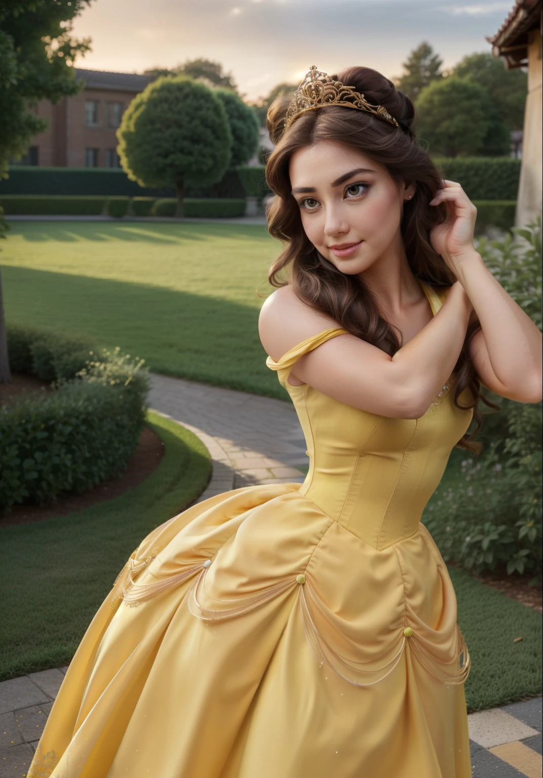 (Belle Waif:1), surprised, good looking, good looking pose, Looking at the audience, Thick thighs, (long yellow dress:1.2), (Hair Bun, tiara) :d, Curvy, (Holding a red rose:1),
(Realistic: 1.2), (realism), (masterpiece: 1.2), (highest quality), (Super detailed), (8k, 4K, Complex), (Full Body Shot: 1), (Cowboy Shot: 1.2), (85mm), Particles of light, Lighting, (Very detailedな: 1.2), (Detailed face: 1.2), (Gradation), SFW, colorful, (Fine grain: 1.2),
(Detailed landscape, garden, plant, city: 1.2), (Detailed Background), Detailed landscape, (Dynamic Angle: 1.2), (Dynamic pose: 1.2), (The rule of thirds_composition: 1.3), (Course of action: 1.2), Wide Shot, Dawn, soil, (8K,RAW Photos),(Best Quality),(Masterpiece Loose),(Realistic,)(写実的でRealistic),(High resolution),Hyper Detail,(ヘンテル・realism:1.1),Beautiful Face, (1 Female:1.1),High resolution), (8k), (Very detailed), (4K), (Pixiv), Perfect Face, Beautiful eyes and face, (highest quality), (Very detailed), Detailed faceと目, (alone), Textured skin, Absurd, High resolution, (Dynamic Angle:1.3) (Dynamic Pose:1.3)