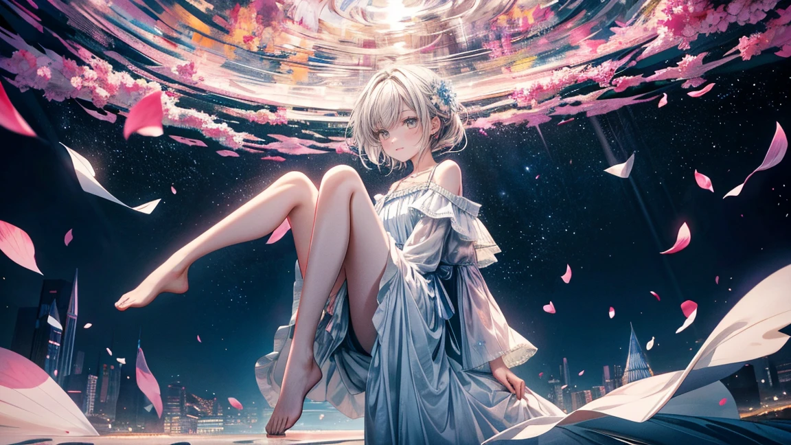 A whimsical, dreamlike scene featuring an 18-year-old woman with a height of 150cm, falling from the sky in a nearly supine position with her arms and legs slightly spread out. She is wearing a white dress, and her head is positioned on the left side of the image while her feet are on the right. She is looking directly at the camera with a serene expression. The woman appears relatively small in the image, with the background occupying most of the space. Surrounding her, petals are drifting through the air, and one of her shoes is floating nearby, as if it has just come off her foot. The background is filled with sparkling, floating shapes and a starry night sky, creating a magical, otherworldly environment. The overall color scheme is dominated by pinks and blacks, with a watercolor painting style that emphasizes soft, flowing lines and a sense of wonder. The image should be highly detailed, with an 8K resolution to capture the intricate details of the scene.