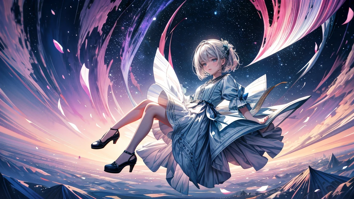 A whimsical, dreamlike scene featuring an 18-year-old woman with a height of 150cm, falling from the sky in a nearly supine position with her arms and legs slightly spread out. She is wearing a white dress, and her head is positioned on the left side of the image while her feet are on the right. She is looking directly at the camera with a serene expression. The woman appears relatively small in the image, with the background occupying most of the space. Surrounding her, petals are drifting through the air, and one of her shoes is floating nearby, as if it has just come off her foot. The background is filled with sparkling, floating shapes and a starry night sky, creating a magical, otherworldly environment. The overall color scheme is dominated by pinks and blacks, with a watercolor painting style that emphasizes soft, flowing lines and a sense of wonder. The image should be highly detailed, with an 8K resolution to capture the intricate details of the scene.