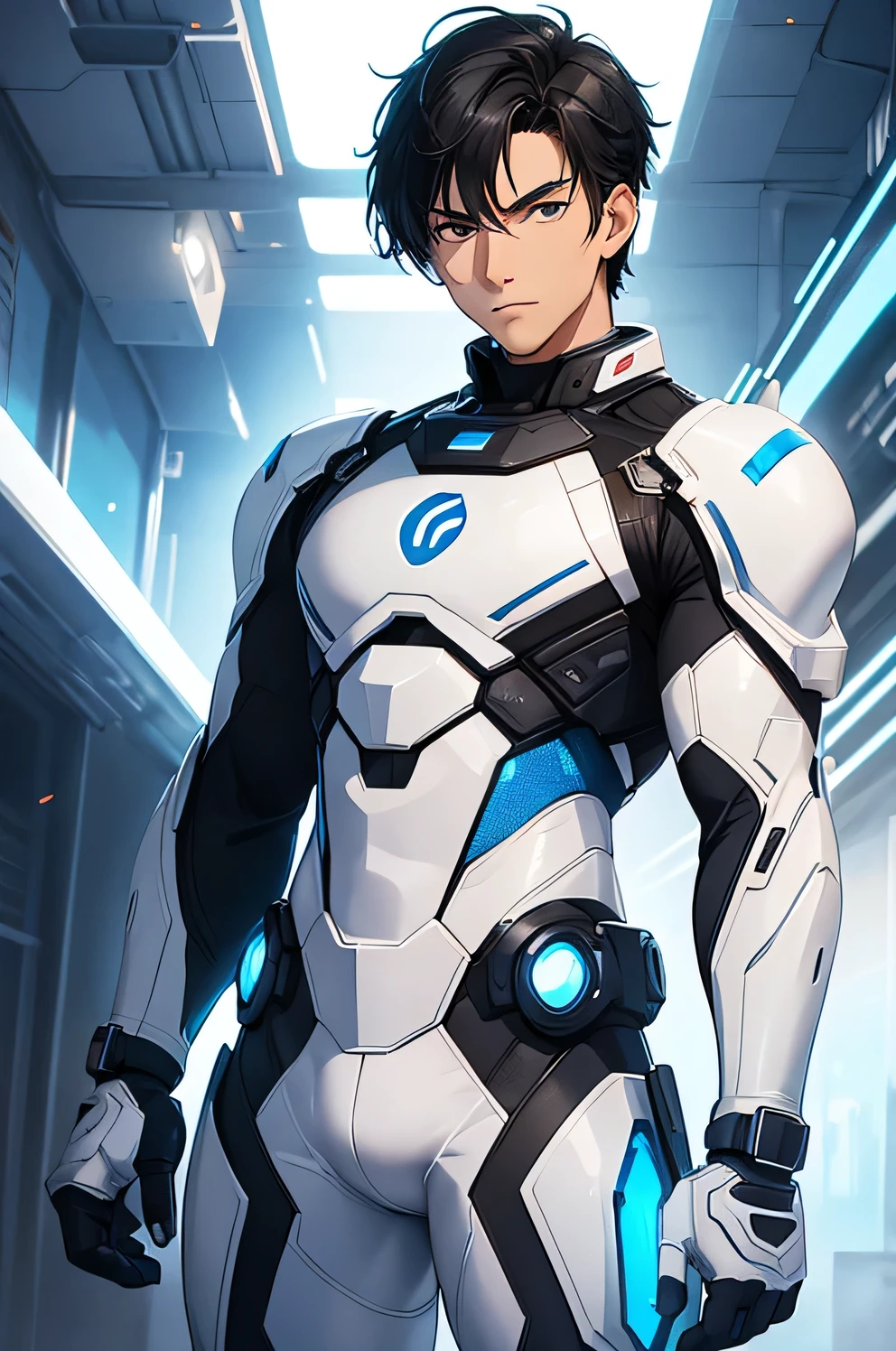 Handsome 22 years old　Very short, cropped black hair　　cyborg　future　universe　Science fiction　The background is the galaxy universe　looking at the camera　From the feet to the whole body　White and blue armor　White rubber suit　Bulge