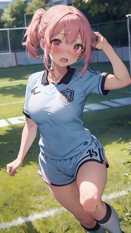 mastute piece,Best Quality,insanely detailed,8k cg,nsfw,
shoot upper body,(body in front:1.1),
1girl,standing,looking at viewer,(Soccer uniforms),
break,blush,shy,(trembling:1.2),pink hair,(large breasts:1.2),(open mouth:0.9),(Soccer field),