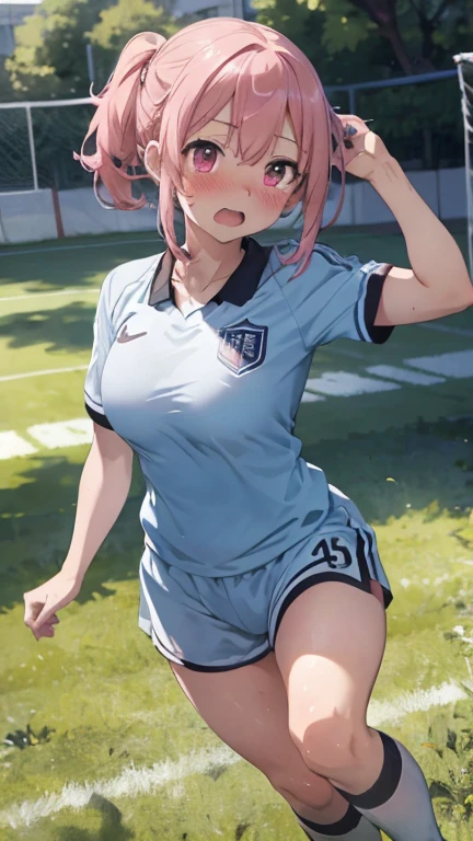 mastute piece,Best Quality,insanely detailed,8k cg,nsfw,
shoot upper body,(body in front:1.1),
1girl,standing,looking at viewer,(Soccer uniforms),
break,blush,shy,(trembling:1.2),pink hair,(large breasts:1.2),(open mouth:0.9),(Soccer field),