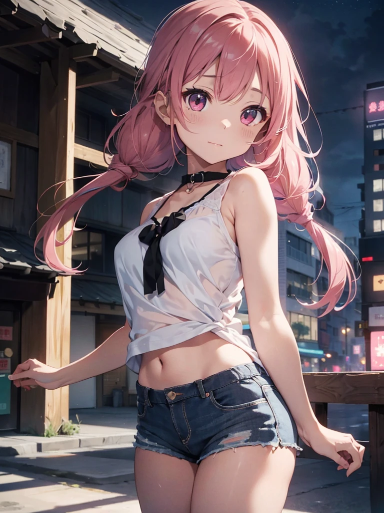 （mideum breasts、tomgirl、）、（the perfect body：1.1）、（hair wavy：1.2）、(Pink hair)、(Very long hair)、(Twin-tailed)、（(confident facial expression)）、reddish brown、collars、chain、FULL BODYSHOT、natta、Above a high-rise building、neons、Night view below、White tank top、Underwear is sheer、jean jacket、（Shorts）、（Very elaborate CG 8K wallpapers）、（extremely delicate and beautiful）、（​masterpiece）、（top-quality）:1.0)、(超A high resolution:1.0)、beautiful  lighting、perfect lightning bolt、realistic shadow、[hight resolution]、detailed skins、ultra-detailliert ((colourfull))、