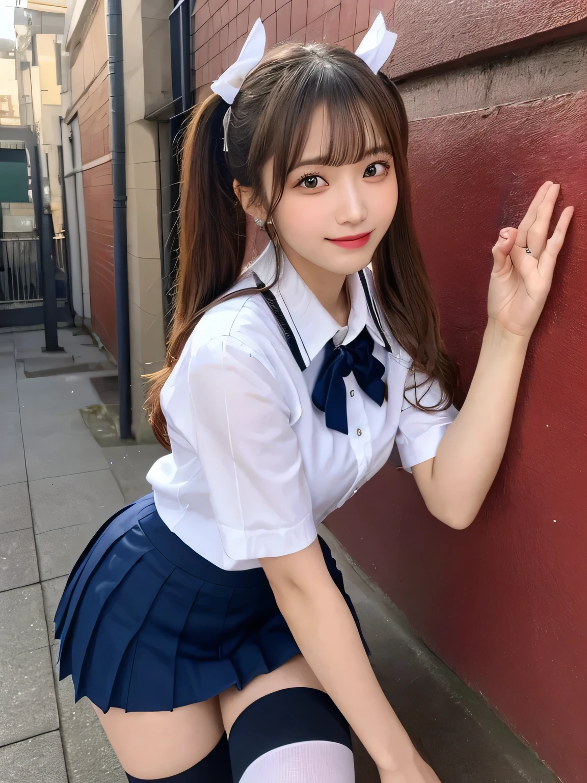 highest quality、Put your hands down、Put your arms down、Blonde、figure、 Blonde、Cleavage、Ultra-detailed、High resolution、8k wallpaper、Perfect dynamic composition,、Beautiful fine details、Natural color lip、Bold sexy pose、smile、、cute、Sexy shot looking at the camera、(highest quality: 1.3), (masterpiece: 1.3), (Super Detail: 1.3), (One Girl: 1.1), (Detailed hands and fingers:1.2)、(Ultra-oily, lustrous skin with attention to detail:1.1)、Oily shiny knee socks、(The perfect school girl uniform:1.3)、Short-sleeved shirt with front opening、sexy、(Beautiful shapely small breasts:1.3)、(Navy blue mini skirt:1.2)、I can see your thighs、Brown Hair、Twin tails、Beautiful sister、Red Wall,sexy、I can see your thighs、