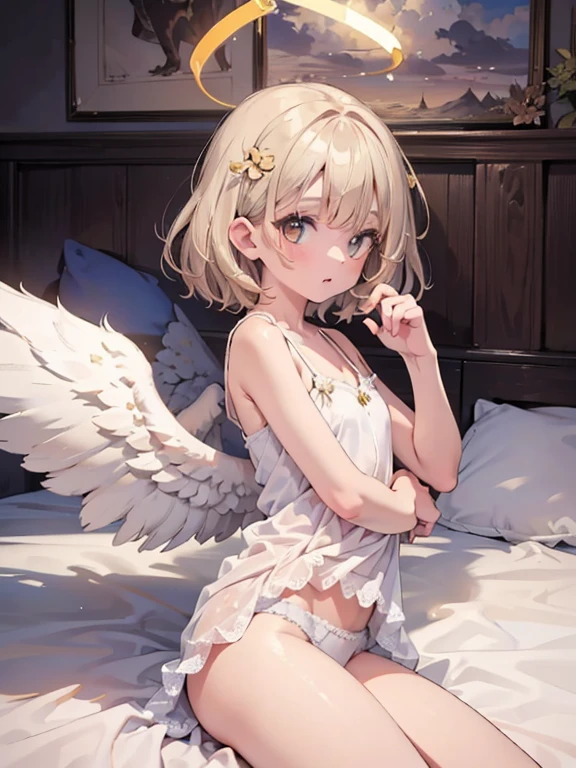 masterpiece, highest quality, Very detailed, 16k, Ultra-high resolution, Cowboy Shot, , Detailed face, Perfect Fingers, Angel halo on head, Golden Eyes, blonde, short hair, Thin and light clothing, Angel wings growing on your back, Thin camisole, White lace panties, Above the Clouds, temple, bed, Lying on your back