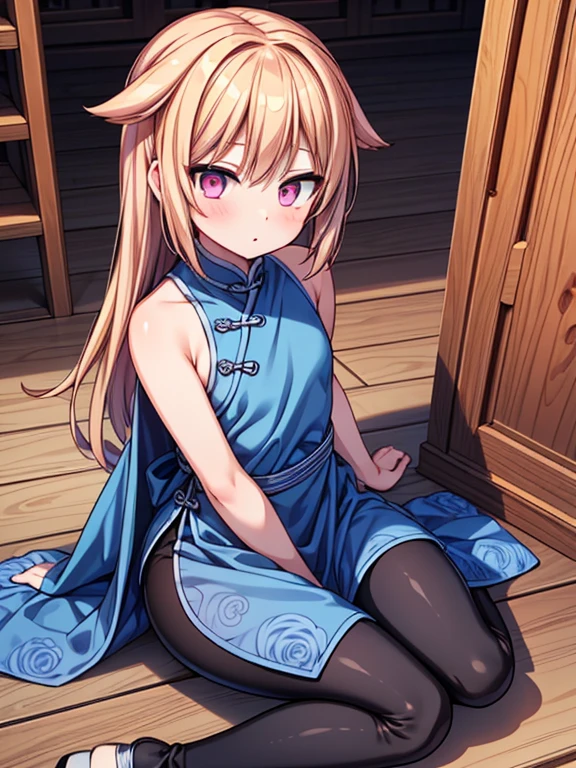 Wuxia,{{{1 boy}}}, otokonoko, adorable face, shota, male, white skin, pink eyes, thicc thighs, short beautiful blonde hair,wearing a very long blue chinese dress with blue pattern, black pants leggings,