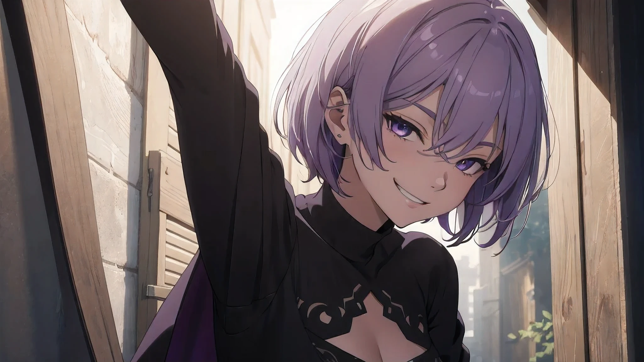 extremely detailed CG unity 8k wallpaper), (masterpiece), (best quality), (ultra-detailed), (best illustration), (best shadow), (absurdres) ,(detailed eyes), 2b, 1girl, short hair, purple hair, solo, Intimidating women, casual clothes, night, pose, white clothes, elegant outfit , home clothes, Sunlight, exposed to sunlight, fighting pose, wearing cape, smiling