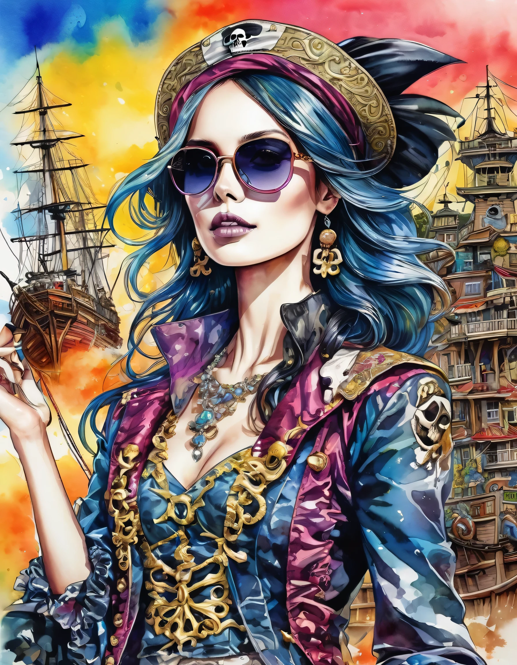 Eiichiro Oda Style、(((stylish fashion))), 8K Quality、Intense watercolor, Detailed watercolor art, Watercolor splash, Surreal, avant-garde pop art, Beautiful and expressive paintings, Beautiful artwork illustration, Very colorful tones, wonderful, Cool beauty, highest quality、Official Art, Vector art, Stylish design, (((The Greatest Pirate in History))), (((Stylish sunglasses))), (((pirate ship))), (((highest quality))), HDR, ((detailed)), (((Doodle Art)), ((masterpiece)), ((Super detailed)), (((skull fashion))), (((Stylish))),