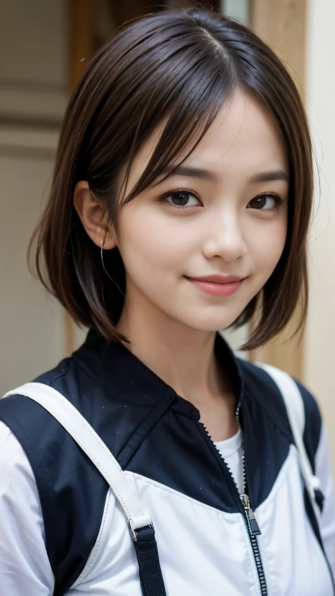 ((highest quality、Masterpiece、High resolution))、(((Zoom photo of upper body)))、(A shy smile:1.2)、One woman、Big Breasts、Police Officer、Black Hair、Trimmed bangs、short hair、Wavy Hair